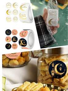 500pcs Islamic Traditional Ramadan Stickers | Fashionable Gold & Red Star Moon Pattern | Waterproof Durable PVC Material | Easy To Peel Off Without Residue | Gift Box Packaging | Essential For Eid Al-Fitr Holiday - Multicolor - View 1