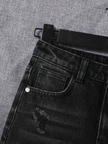 青少年男孩黑色时尚破洞牛仔短裤 - 黑色 - 查看 3