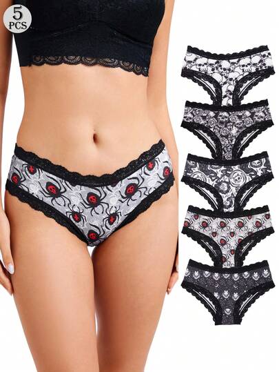 Dircho 5pcs Sexy Cute Gothic Contrast Lace Hipster Panties, Skulls & Moon Allover Print Comfy Silky Intimates Briefs Panties, Women's Underwear & Lingerie