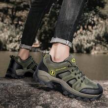 男士徒步鞋，户外登山鞋，军绿色低帮运动鞋，大码户外靴，皮革鞋面，系带，防滑橡胶鞋底，适合户外徒步、狩猎，四季皆宜 - 軍綠色 - 查看 3