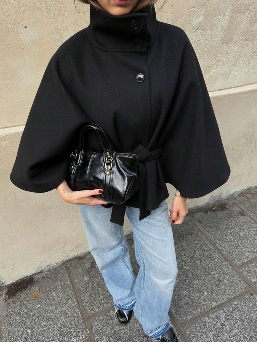 Women's Elegant Solid Color Stand Collar Belted Short Cape Jacket, Solid Color Belt, Front Button Closure, Suitable For Daily Wear - Black and White - View 1