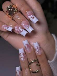 24 piezas Uñas postizas de tamaño mediano removibles de cobertura completa con acabado brillante, diseño minimalista blanco francés degradado con decoración de flores y cuentas doradas, producto de arte de uñas elegante, lujoso y de moda - Multicolor - Ver 1