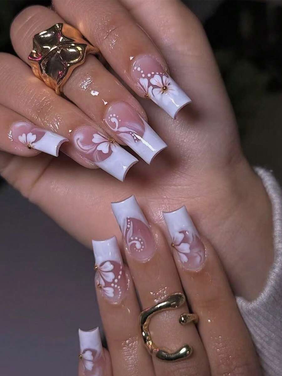 24 piezas Uñas postizas de tamaño mediano removibles de cobertura completa con acabado brillante, diseño minimalista blanco francés degradado con decoración de flores y cuentas doradas, producto de arte de uñas elegante, lujoso y de moda - Multicolor - Ver 1