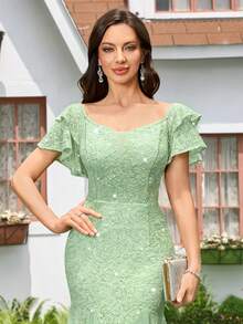 Đầm maxi dáng đuôi cá cổ thuyền đính sequin, ren hoa phối lưới tương phản, tay bồng, kiểu dáng thanh lịch dành cho nữ, thích hợp cho khách dự đám cưới, lễ tốt nghiệp, tiệc gala và các dịp trang trọng khác. - Màu xanh Bạc hà - Xem 9