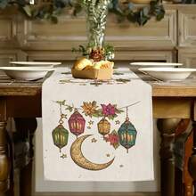 1 PIEZA Tapete de mesa Ramadán Mubarak - Fondo blanco con patrón de luna y estrella doradas, mantel rectangular de poliéster, adecuado para cenas de Iftar, decoración de cocina y comedor, hecho de poliéster, fácil de limpiar. - Multicolor - Ver 3