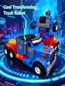 男孩变形机器人汽车玩具，大型卡车带灯光和音效，蓝色卡车，自动变形动态玩具，适合作为男孩的生日和节日礼物
