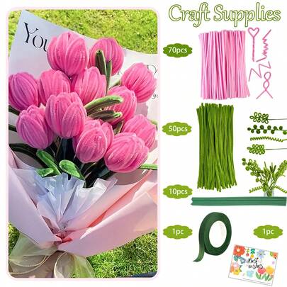 132pcs Purple Pink Blue Orange White Tulip Lily Craft Kit With Tutorial Video- DIY Pipe Cleaner Making Supplies, Fabric And Plastic Colorful Tulip Set, Chenille Stem Creation Set, Ideal For Birthday Gifts Mother's Day Gift, Graduation Gift, Valentine's Day Gift
