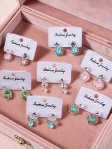 5对/套 精致可爱时尚水钻耳环 男女童款 蝴蝶心形雪花水滴随机款式 节日派对生日礼物 日常佩戴饰品 - 5對水鑽兒童耳釘 - 查看 3