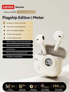 Lenovo LE233 Bluetooth Earphones, Half In-Ear Design, LED Power Display, ENC Smart Noise Cancellation, Bluetooth 6.0, HIFI Surround Sound For Music, Low Latency For Gaming, Long Battery Life, Comfortable Fit, Suitable For Smartphones, Computers, Holiday Gifts - Beige - View 2