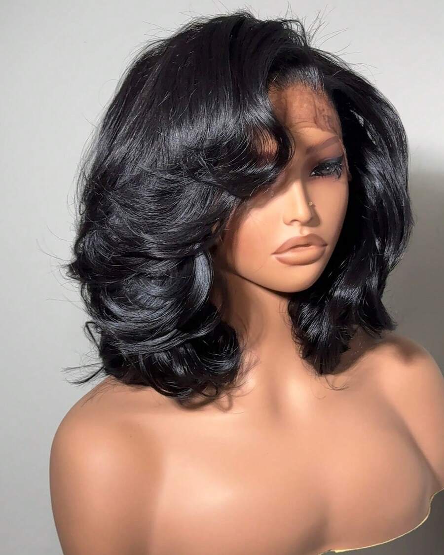 Uveous 250% Density 42inch Body Wave Bob 13x4 HD Lace Front Human Hair Short Bob Wigs Brazilian Pre Plucked Remy Closure Wigs For Women Natural Black - Natural Black - 查看 1