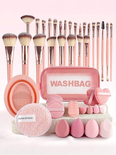 46PCS Makeup Tools Set Including:1pc Multi-Functional Zipper Toiletry And Cosmetic Bag Waterproof+25pcs Makeup Brush Sets+4PCS Makeup Sponge+4PCS Mini Makeup Sponges+4pcs Round Powder Puff+2pcs Love-Shaped Loose Powder Puff+4PCS Mini Air Cushion Powder Puffs+1pc Face Washcloth+1pc Makeup Brush Cleaning Tray