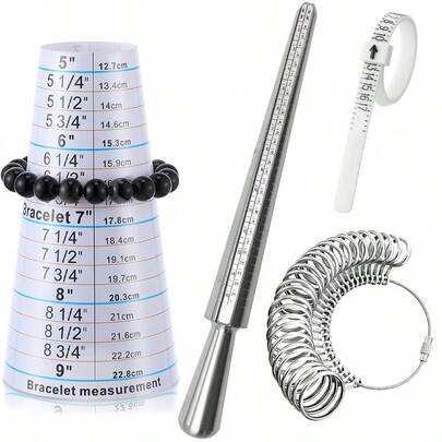 ชุดเครื่องมือวัดขนาดแหวน 4 ชิ้น, เครื่องวัด Mandrel, เครื่องมือวัดเหล็กคุณภาพสูง, ขนาดแหวน US 0-13, Mandrel สร้อยข้อมือแบบปรับได้ พร้อมเทปวัดขนาด 5-9" เครื่องวัดข้อมือพลาสติกสำหรับทำเครื่องประดับ