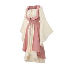 2pcs Medieval Renaissance Women's Costume, Low-Cut Pirate Peasant High-Low Hem Dress With Collar, Vintage Contrast Color Fitted Dress, Flared Sleeves, Maxi Skirt, One-Shoulder Dress, For Women Cosplay Performance - 彩色 - 查看 12