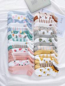 5 piezas Nuevos calcetines cortos de mujer estilo INS 2026, calcetines cortos versátiles con estampados de rayas, frutas, flores, abejas, ciervos, helados, calcetines cortos de unicolor a rayas, accesorios de moda cómodos y casuales - Multicolor - Ver 12