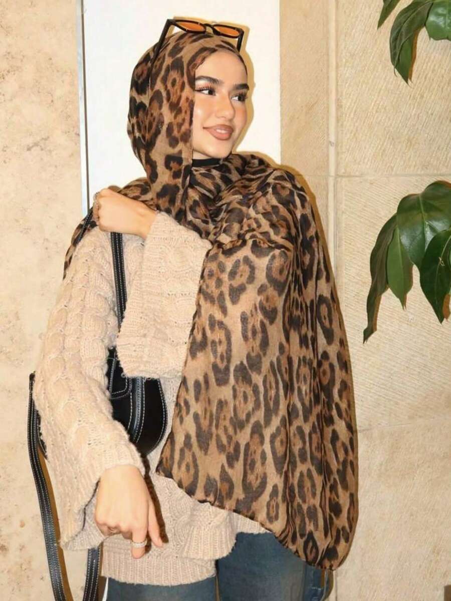 1 chiếc khăn trùm đầu nữ kiểu Bohemian họa tiết da báo, mỏng nhẹ và thoáng khí, thích hợp để mặc hàng ngày, làm phụ kiện cho áo Abaya hoặc khăn che mặt cho váy. - Màu da báo - Xem 1