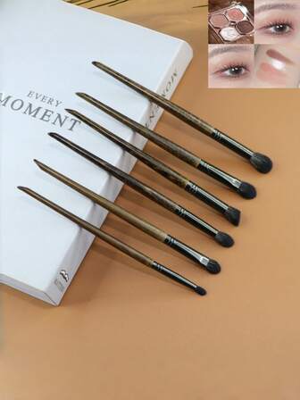6pcs Faux Redwood Eye Makeup Brush Set, Animal Hair & Wool Eye Shadow Blending Brush, Beginner Portable Makeup Tools