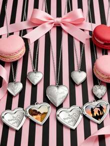 情人节心形照片吊坠项链套装，可刻字可打开吊坠项链，送给青少年和年轻人的浪漫礼物 - 銀色 - 查看 1