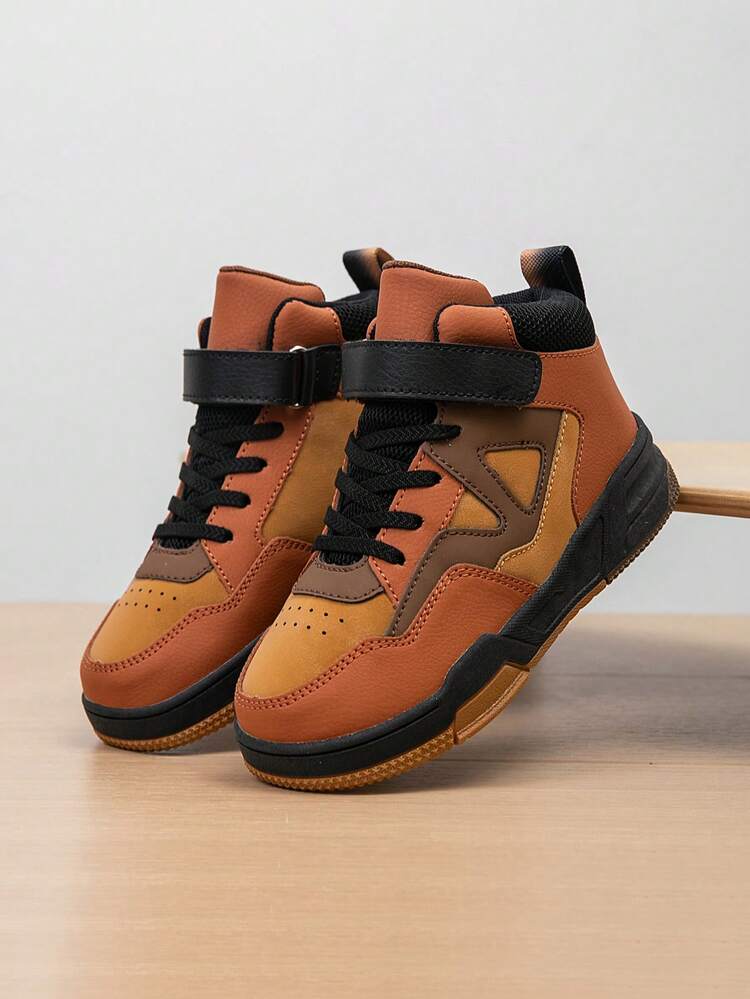 1双儿童高帮运动鞋，PU皮革，室内/室外休闲跑步鞋，易穿脱，轻便，防滑，透气，舒适，时尚校园风，男女童皆宜 - 棕色 - 查看 3