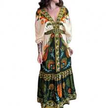 New European And American Summer V-Neck Retro  Printed Linen Dress For Women - 圖片色 - 查看 6