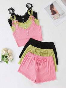 1 Piece Women's Pink Ribbed Lace Trim Sleepwear Set: Sleeveless Camisole & Shorts Loungewear, Adjustable Strap Feminine Sleep Set With Elastic Waist Drawstring Bottoms, Soft Breathable Ribbed Fabric For Daily Home Wear, Brunch Dates, Weekend Getaways, Coffee Gatherings, Nighttime Relaxation, Gift Exchanges & Gifting To Style-Conscious Females, Homebody Enthusiasts, Travelers, Casual Outfit Lovers Who Cherish Comfortable Feminine Sleep Sets That Blend Lace Accents & All-Day Versatility - 粉色 - 查看 12
