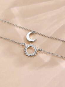 Bộ 2 vòng chân thiết kế hình mặt trời và mặt trăng dành cho nữ, có thể đeo nhiều lớp, phụ kiện thời trang thường ngày phù hợp cho bãi biển, kỳ nghỉ và sử dụng hàng ngày. - Bạc - Xem 3