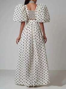 Polka Dot Puff Sleeve Cut-Out Top & High-Slit Maxi Skirt Two-Piece Set - 白色 - 查看 3