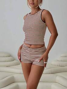 GAOVOT Women's Casual Striped Sleeveless Tank Top And Shorts 2 Piece Set, Slim Fit For Commuting And Outdoor Wear, Summer - màu nâu - Xem 8