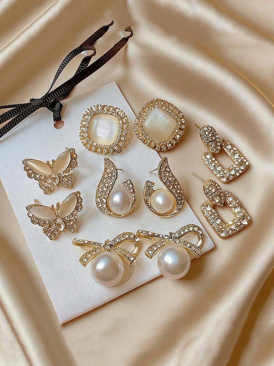 Bộ 5 đôi bông tai đính ngọc trai giả và pha lê kiểu dáng tối giản sang trọng, hình mắt mèo, vuông và nơ, giọt nước, phụ kiện trang sức thanh lịch cổ điển dành cho nữ, phù hợp để đeo hàng ngày và trong các dịp lễ hội. - Nhiều màu - Xem 1