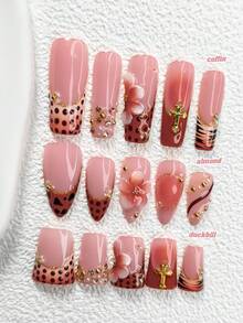 10pcs Orange Series Nail Art Set, Includes: Press-On Nail Stickers, French Manicure Stickers, Leopard Print Decorative Stickers, 5-Petal Flower Stickers, Cross Nail Decals, Gradient Blush Nail Stickers, Gold Glitter Nail Polish, And Matching Tools. Available In Coffin, Almond, And Pointed Shapes. Suitable For Parties, Holidays, Autumn/Winter, And Photo Shoots. Nails Handmade Press On Nails - 彩色 - 查看 1