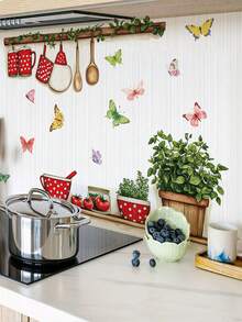 2件套红色餐具、蝴蝶和绿色植物墙贴，可移除厨房餐厅墙面装饰 - 紅色 - 查看 1