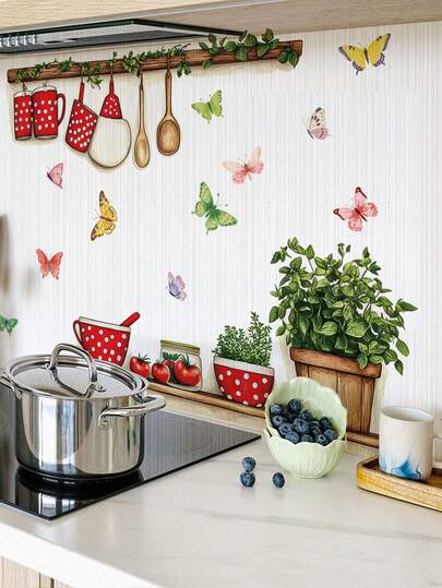 2件套红色餐具、蝴蝶和绿色植物墙贴，可移除厨房餐厅墙面装饰