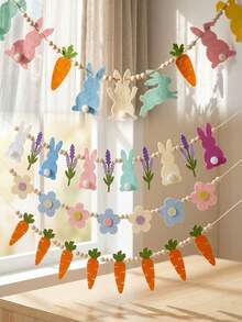 Corona de zanahoria con conejito de Pascua y cuentas de madera, guirnalda adorable de cuentas con conejito, decoración de Pascua colorida, pancarta de primavera estilo granja, decoración colgante de lavanda, adecuada para chimenea, ventanas e interior/exterior, decoración de chimenea de varios niveles - Multicolor - Ver 3