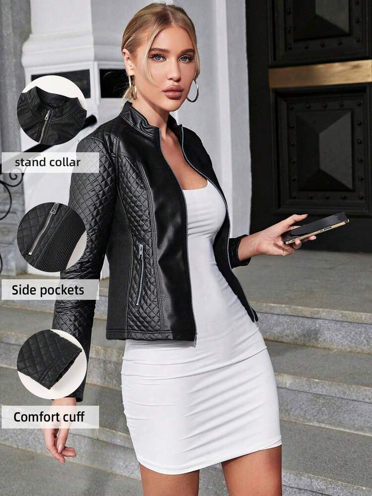 Damesjack, casual kort bikerjack PU, zwart - Zwart - Bekijken 6
