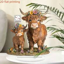1件波西米亚风格亚克力高地牛摆件，饰以花卉图案 - 2D平面印刷桌面摆件，无需电源，适用于家居、橱窗展示和节日装饰 - 完美礼品之选，奶牛图案房间装饰，精致花卉细节，2D平面设计