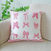 1pc Bow Embroidered Decorative Pillow Cover, Ins Style Living Room Sofa Cushion Cover With Bow Embroidery And Printed Design, Dual Craftsmanship Pillow Sham For Window Seat, Headboard, Valentine's Day, Wedding, Without Insert - Multicolor - View 16