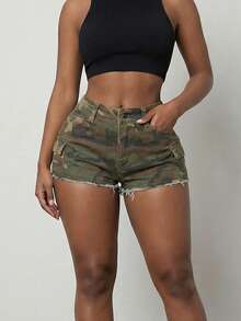 Women's High Waisted Camouflage Cargo Denim Shorts - Summer Utility Denim Shorts Snatched Raw Hem Festival Aesthetic - 軍綠色 - 查看 1