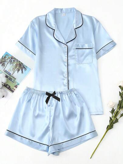 加大码 2 件纯色缎面短袖翻领上衣和蝴蝶结短裤睡衣套装女士夏季家居服套装清凉浅蓝色