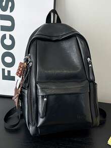 1pc Backpack With Pendant, PU Material, Large Capacity, College Style - Black - View 3