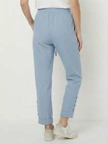 Women's Casual Elastic Waist Drawstring Pocket Pants - Lightweight Summer Button Detail Lace Cropped Pants - Blue - View 3