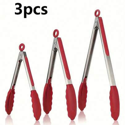 Juego de 3 pinzas para barbacoa de 21 cm (8,27 pulgadas) de acero inoxidable con cabezales de silicona - resistentes al calor, agarre de alimentos sin arañazos, aptas para freidora de aire y utensilios antiadherentes, color negro y rojo, diseño ergonómico, para cocinar, asar a la parrilla y hornear, accesorios para barbacoa, herramienta de cocina elegante, utensilios de cocina, pinzas para maíz, gadgets de cocina, pinzas para servir, pinzas para parrilla, pinzas para alimentos
