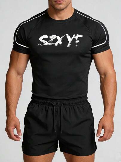 男士轻便速干短袖上衣和短裤套装（2件套），休闲度假户外运动健身跑步服，夏季