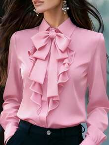 女士优雅长袖衬衫，浅粉色，系带领，荷叶边和蝴蝶结装饰，常规版型，适合工作和日常穿着，春秋季 - 淺粉色 - 查看 4