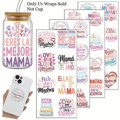 4pcs Spanish Mom Quotes Stickers Rub-On UV DTF Transfer Stickers Compatible For Glass With"Mama" & "Te Amo" Phrases Saying Phrases Sticker - Self-Adhesive DIY Crafts Pack Decals For Cups, Glass, Ceramic, Furniture - Single Use Plastic Quotes Suitable For Home Decor, Crafts