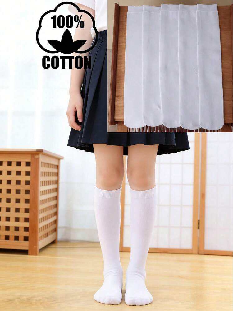 5 đôi tất dài màu trắng bằng cotton nguyên chất cho trẻ em/trẻ em, tất cao đến đầu gối đồng phục học sinh bằng cotton nguyên chất cho bé gái và bé trai - Nhiều màu - Xem 5