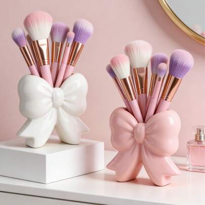 1pc Cute Bow-Shaped Makeup Storage Box - Desktop Brush And Office Supplies Organizer, Elegant Makeup Brush Holder Design, Ideal For Girls, Students And Women As Creative Decor