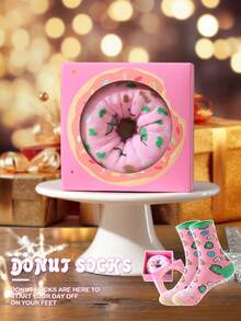 1 Pair Cute & Unique Multi-Color Donut Themed Mid-Calf Socks Gift Box, 2026 Spring/Summer New Unisex Sports Socks, Imaginative Food-Inspired Creative Design, Knit Fabric, Soft & Comfortable, Perfect Gift For Easter, Birthday, Thanksgiving, Halloween, Christmas, Carnival, Valentine's Day, Family Gathering, Party, Fashionable & Quirky Daily Casual Wear - Multicolor - View 3