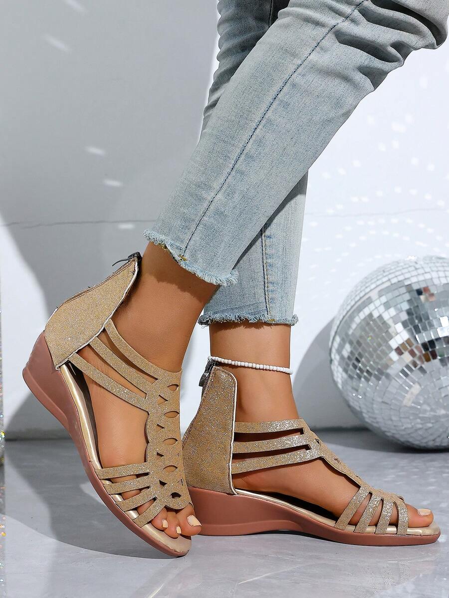 Sandale noi cu talpă groasă, stil Sweet & Spicy Girl, pantofi cu toc mediu, țesături goale, complet cu strasuri lucioase. Design cu fermoar la spate, la modă pentru petreceri, Ziua Îndrăgostiților, cumpărături, picioare alungite, confortabile și versatile. - Aur - Vizualizare 1