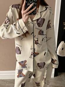 2pcs/Set Women Casual Lapel Button Pajamas, Cute Printed Sleepwear For Spring & Summer