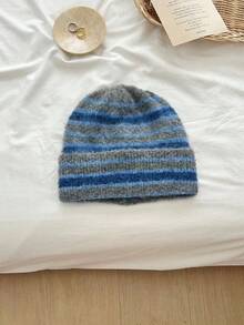 1 pieza Gorro de punto a rayas retro, orejera de invierno para mujer, gorro de punto cálido, gorro de cuello de parchwork a rayas unisex, protección de oídos cálida - Multicolor - Ver 4