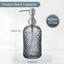 Gem-Patterned Glass Soap Dispenser With Rust Proof Stainless Steel Pump-13 Oz Liquid Hand Soap Dispenser For Kitchen & Bathroom,Great For Lotions, Essential Oil, Liquid Soaps-Gray - 寶石灰 - 查看 5